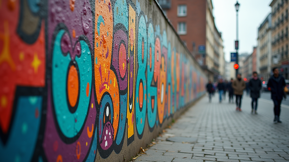 Eye-level view of a colorful mural on a city wall