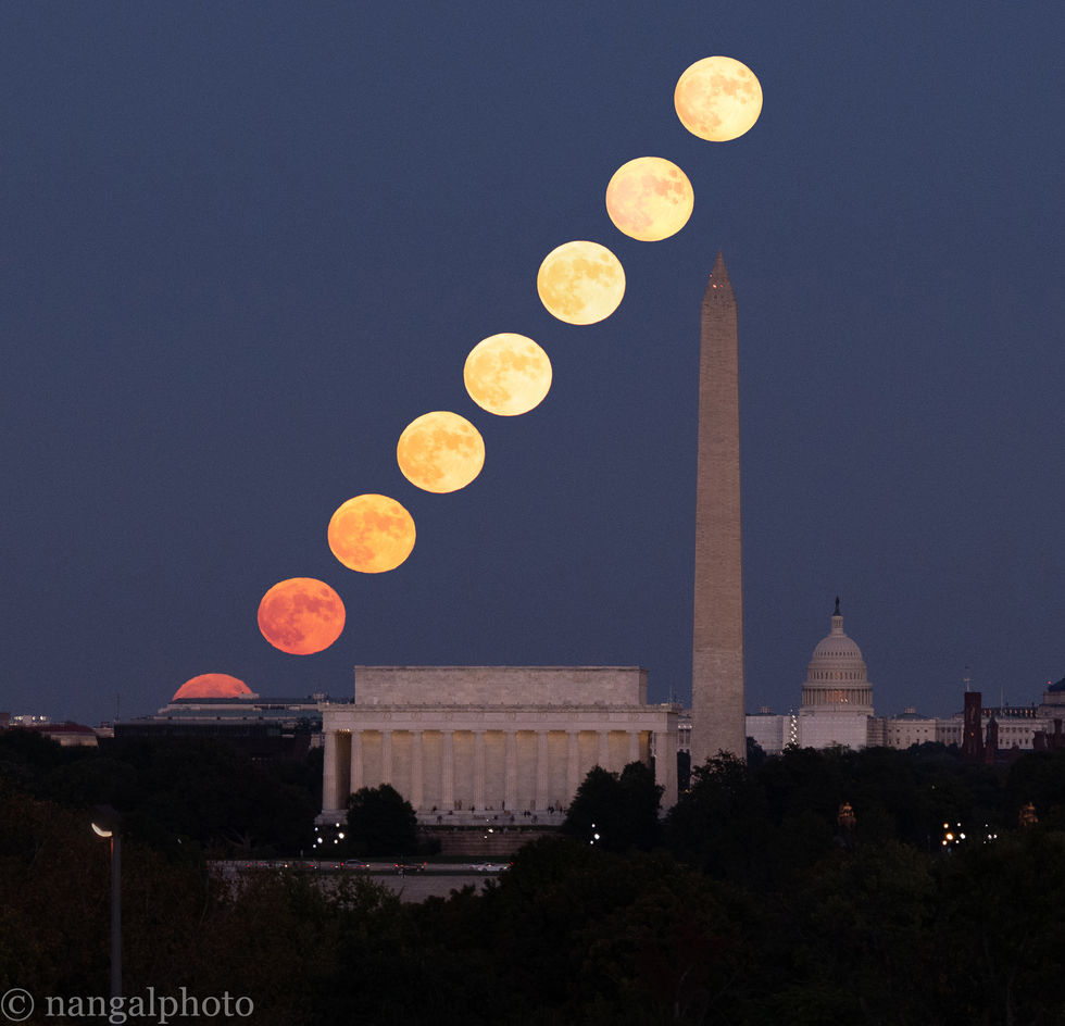 Washington, DC; moonrise; full moon; Lincoln Memorial; Washington Monument