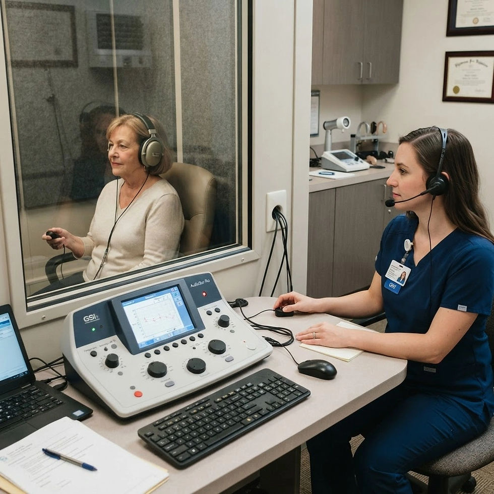 Eye-level view of audiology clinic with advanced hearing test equipment