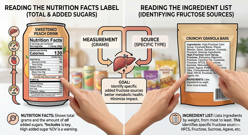 Reading ingredient labels versus nutrition labels to identify fructose and high-fructose corn syrup in packaged foods for better metabolic health.