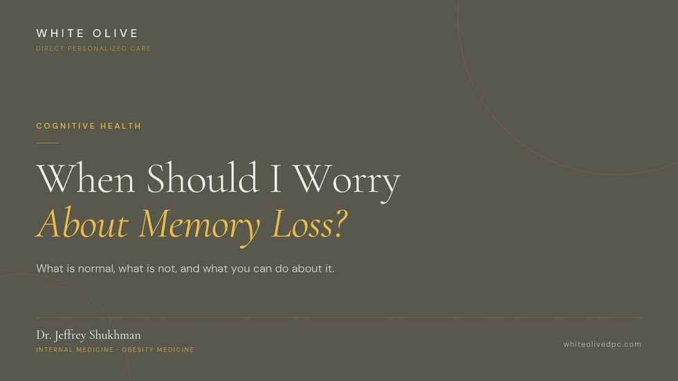 When Should I Worry About Memory Loss? White Olive blog title graphic with Dr. Jeffrey Shukhman, Internal Medicine and Obesity Medicine physician