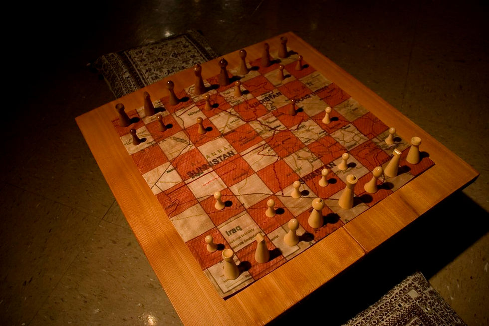Anti-memorial to the 1947 Indian Partition, "Remembering the Crooked Line" art exhibition by Pritika Chowdhry, close-up of the chess-board showing a map of the proposed partition of Iraq.