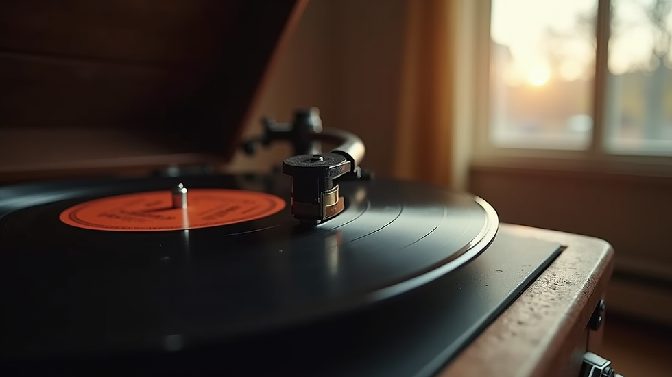 Eye-level view of a vintage gramophone playing a vinyl record