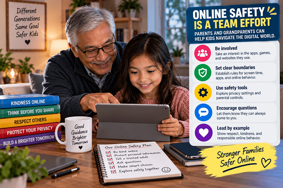 Grandfather, mother, and child using a tablet beside online safety tips about boundaries, parental controls, content review, warning signs, and family involvement