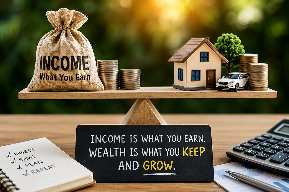 Income versus wealth illustrated with a balance of assets and cash.
