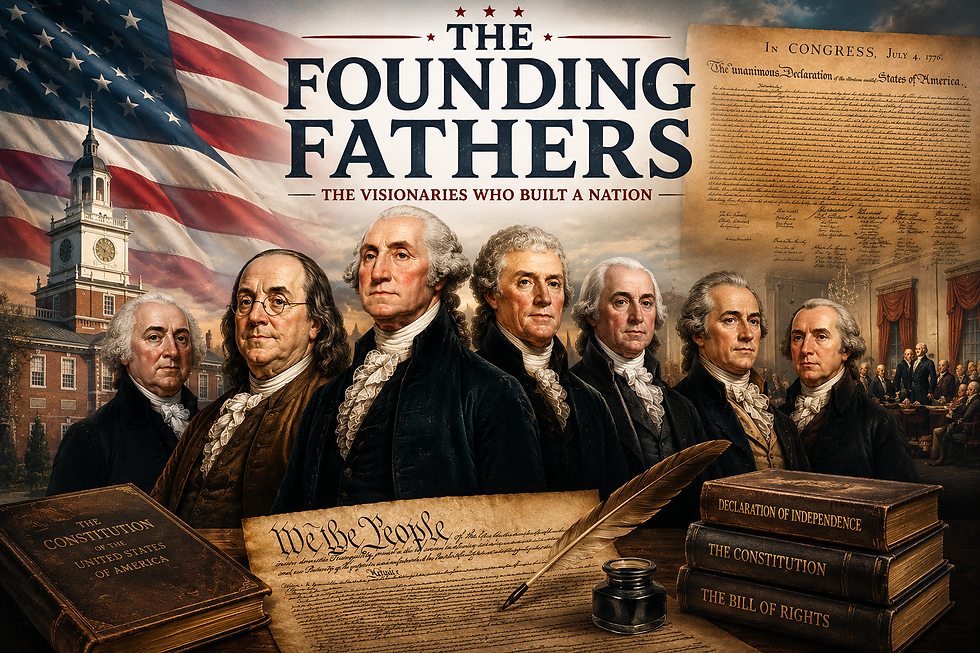 Illustration of America's Founding Fathers with the American flag, the Declaration of Independence, and historic colonial landmarks.