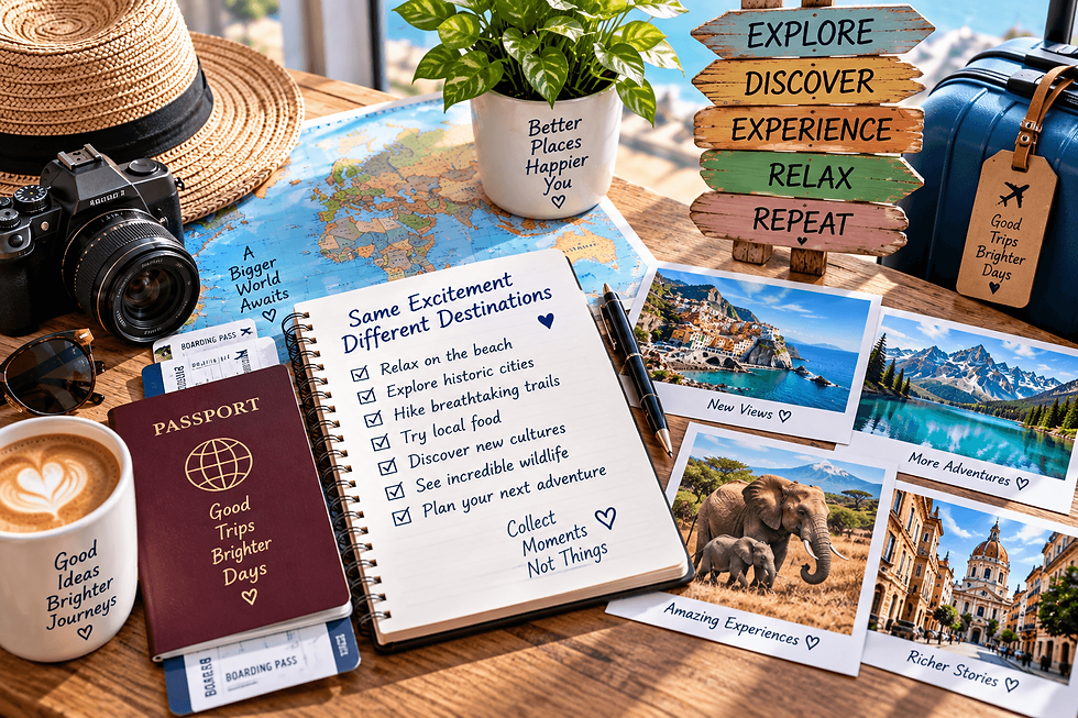 Colorful travel planning flat lay with a world map, passport, camera, destination photos, luggage, and signs reading Explore, Discover, Experience, Relax, and Repeat
