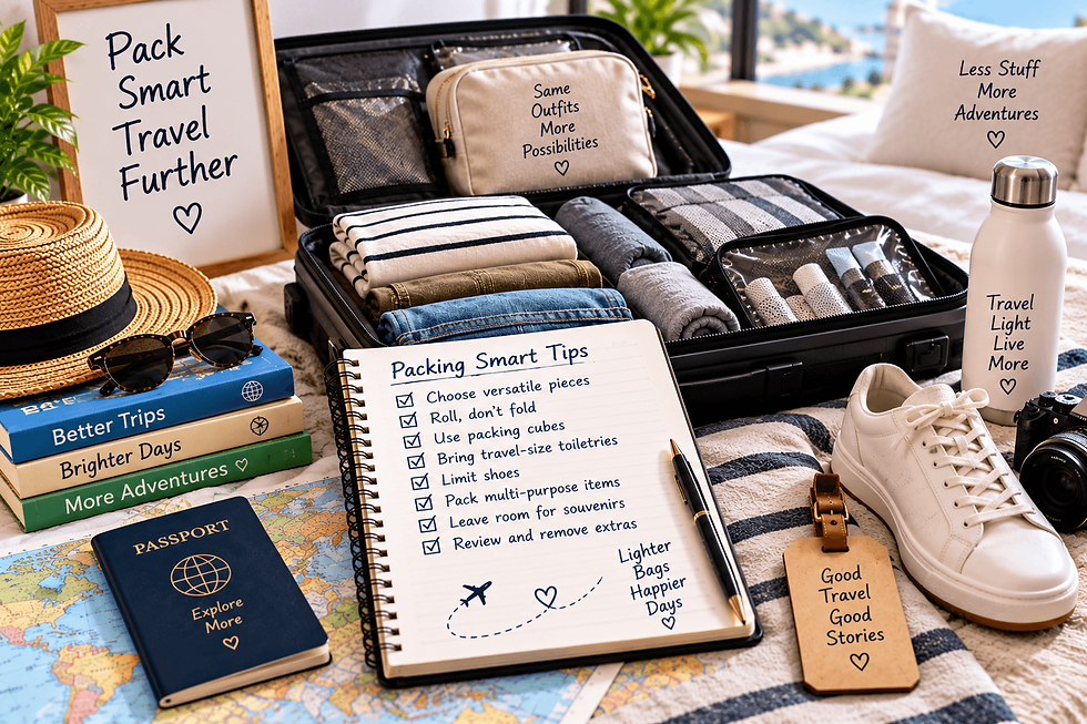 Open suitcase with neatly arranged clothing and packing cubes beside a packing tips notebook, passport, map, shoes, camera, water bottle, hat, and sunglasses