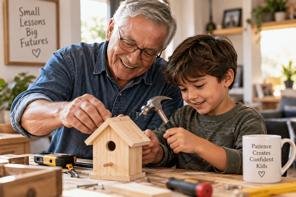 Grandfather helping his grandson build a wooden birdhouse