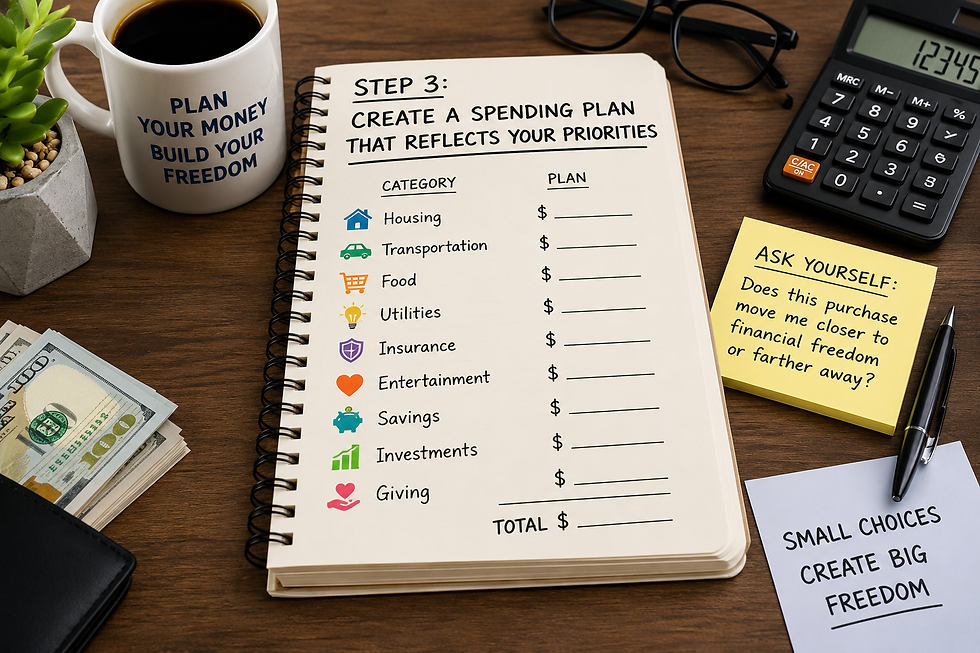 Notebook showing a spending plan and monthly budget categories.