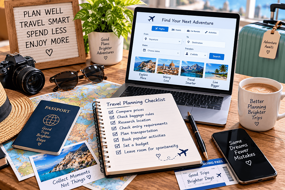Travel planning workspace with laptop, map, passport, camera, boarding pass, suitcase, and a checklist covering prices, baggage rules, entry requirements, transportation, activities, and budget
