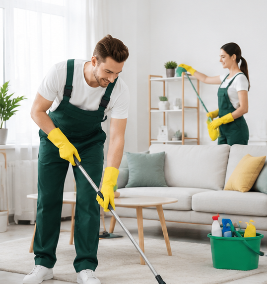 Professional cleaners in green overalls cleaning a living room