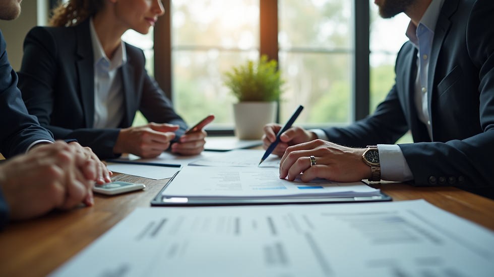 Eye-level view of a business meeting discussing financial documents