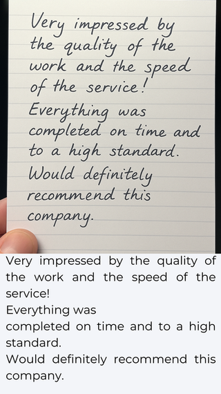 Customer review note praising fast bathroom renovation service