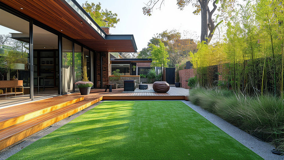 A high value home's luxury back yard with artificial grass