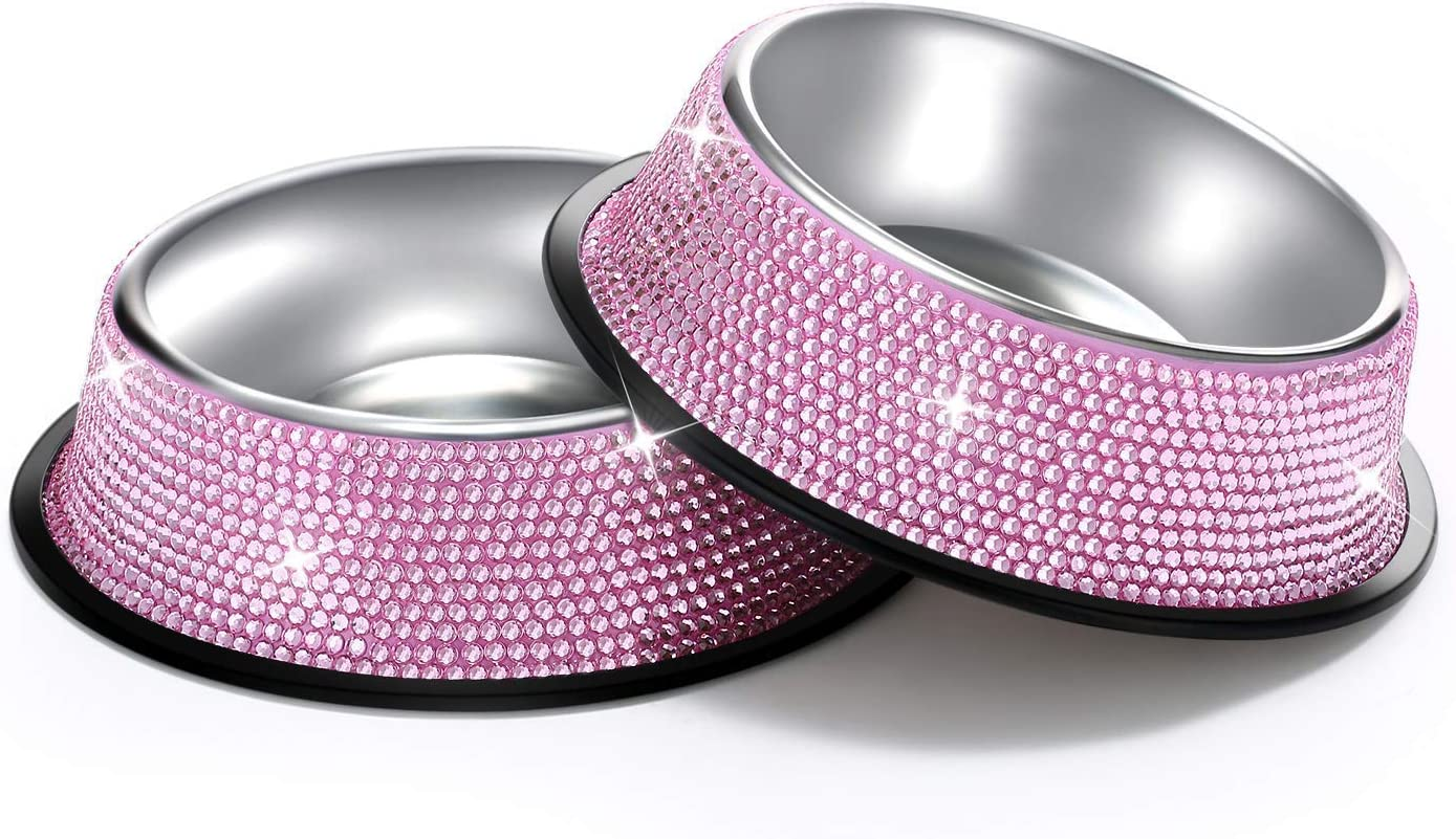 Bling Dog Bowls Pink, 640ML Handmade Bling Rhinestones Stainless Steel Pet Bowls
