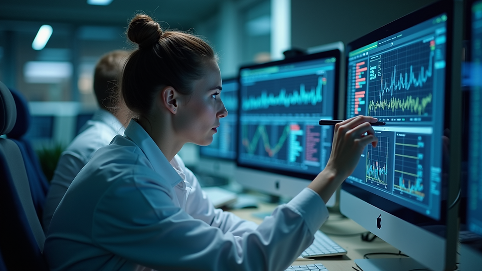 Eye-level view van een onderzoeker die data analyseert op een computerscherm