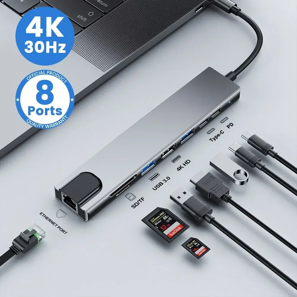 USB C Hub 8In1 7in2 7in1 Type C 3.1 To 4K HDMI Adapter with RJ45 SD/TF Card Read