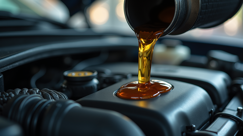 Close-up view of a car engine with oil being poured