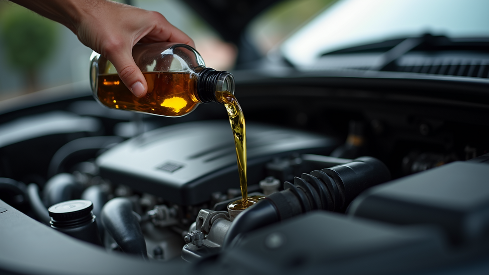 Close-up view of oil being poured into a car engine