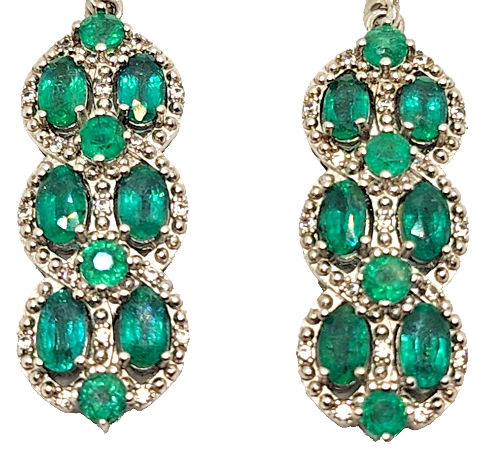 Thumbnail: Natural Emerald & Diamond Dangle Earrings in Sterling Silver