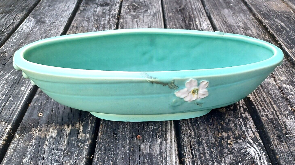 Thumbnail: Rare Antique Weller Pottery Turquoise Wild Rose Large Oblong Planter Centerpiece