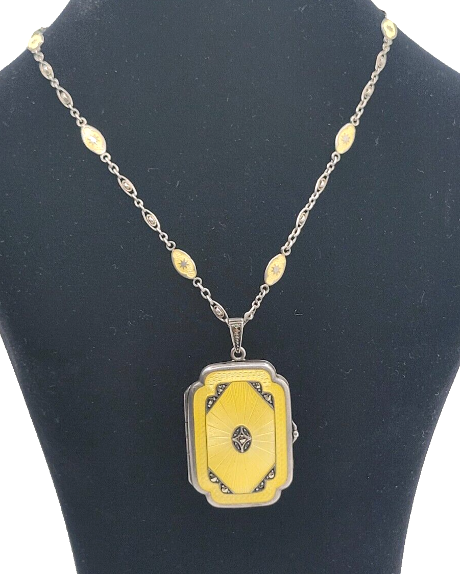 Thumbnail: Antique Sterling Silver Guilloche Enamel Long Link Chain w/ Matching Locket