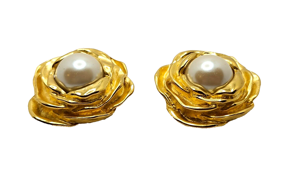 Thumbnail: Authentic Givenchy Gold-tone Faux Pearl Flower Clip-On Earrings