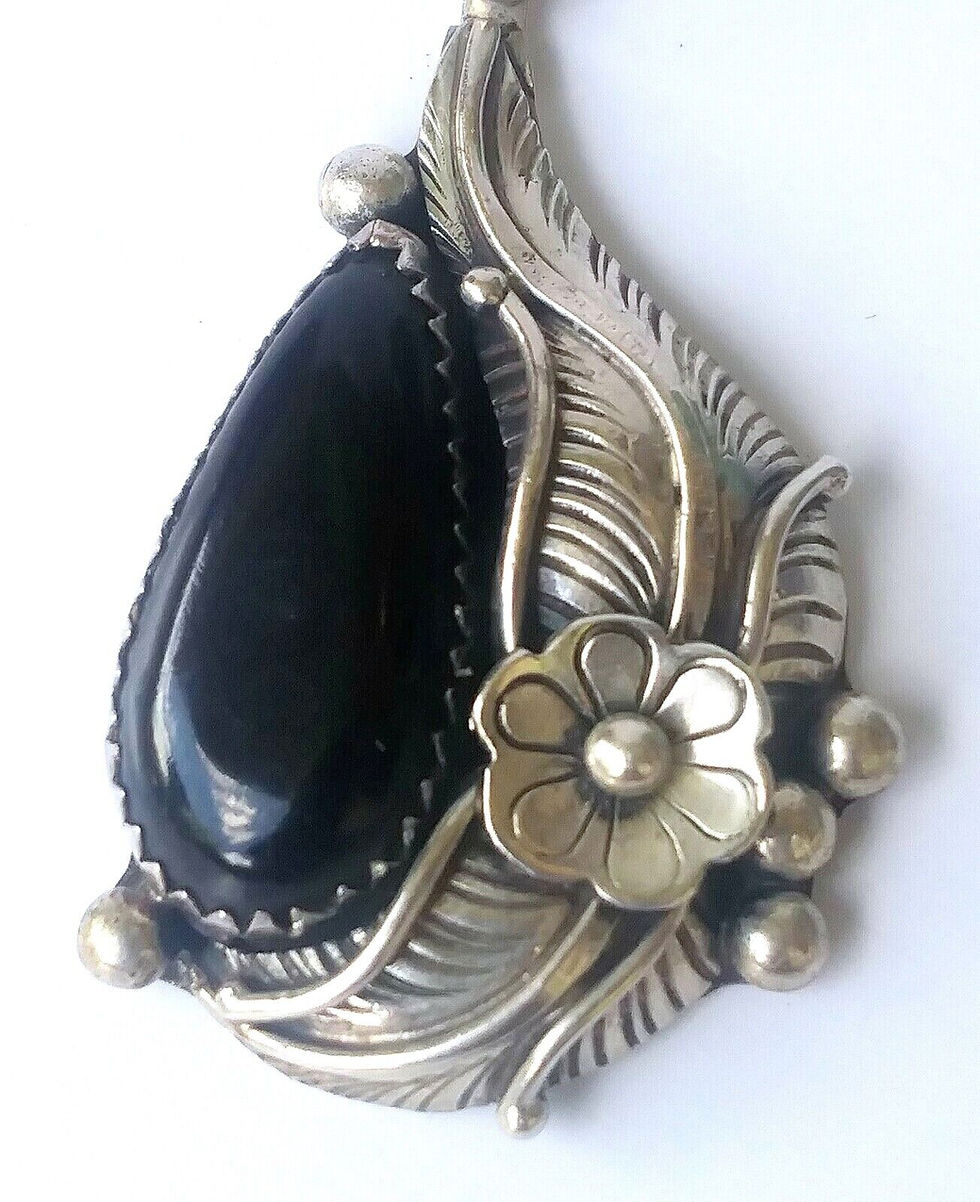 Thumbnail: Native American Signed Sterling SIlver & Onyx Pendant with Necklace CC