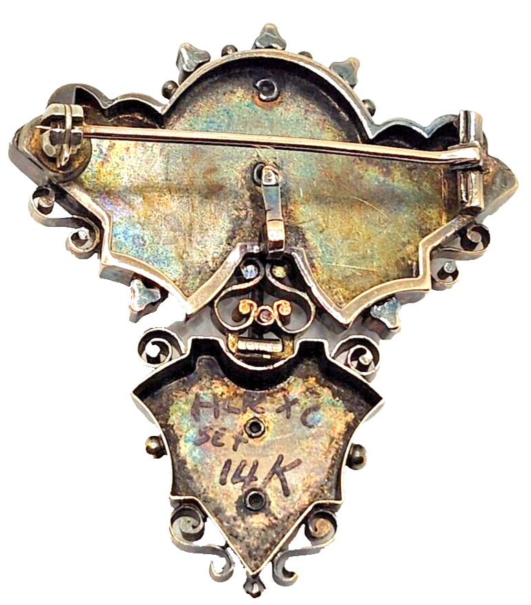 Thumbnail: Antique Victorian 1800's Seed Pearl Enamel & 14k Gold Bar Brooch or Pendant
