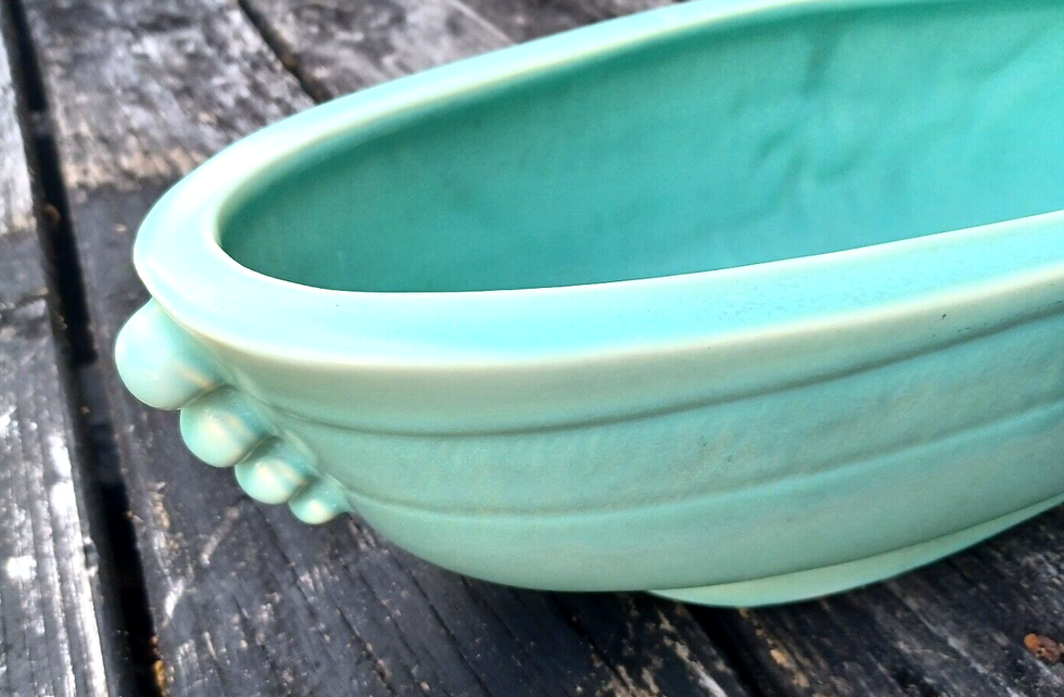 Thumbnail: Rare Antique Weller Pottery Turquoise Wild Rose Large Oblong Planter Centerpiece