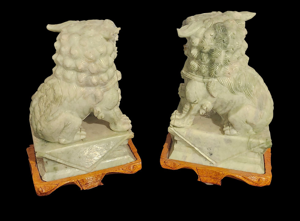 Thumbnail: Large Pair of Vintage Carved Jade Chinese Foo Dogs with Wood Base