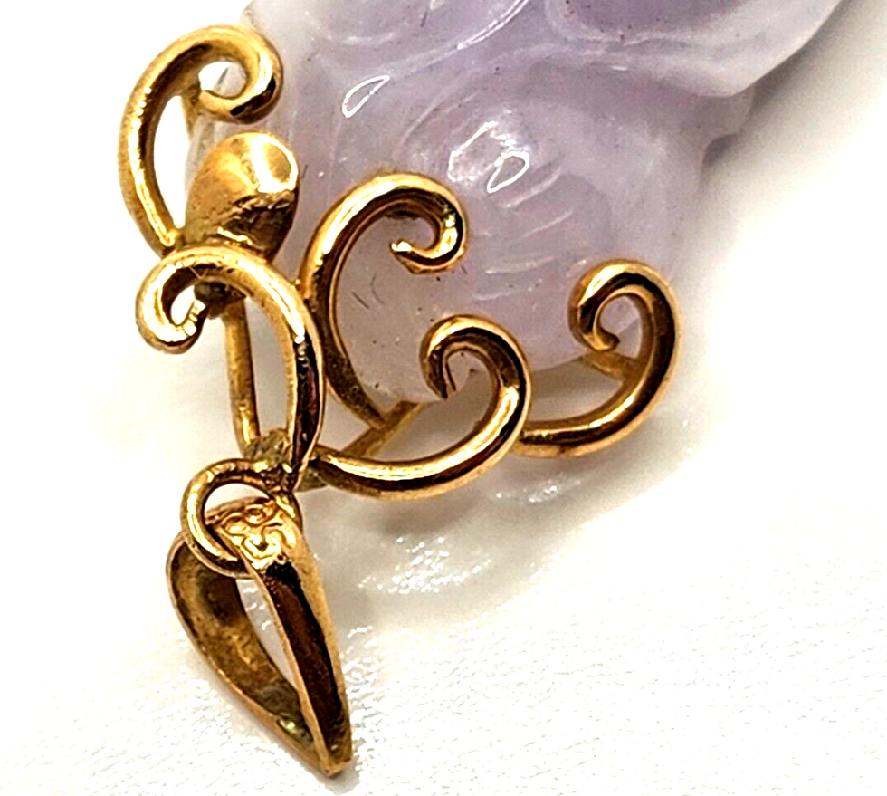 Thumbnail: Antique Chinese Carved Purple Jade & 14k Yellow Gold Pendant