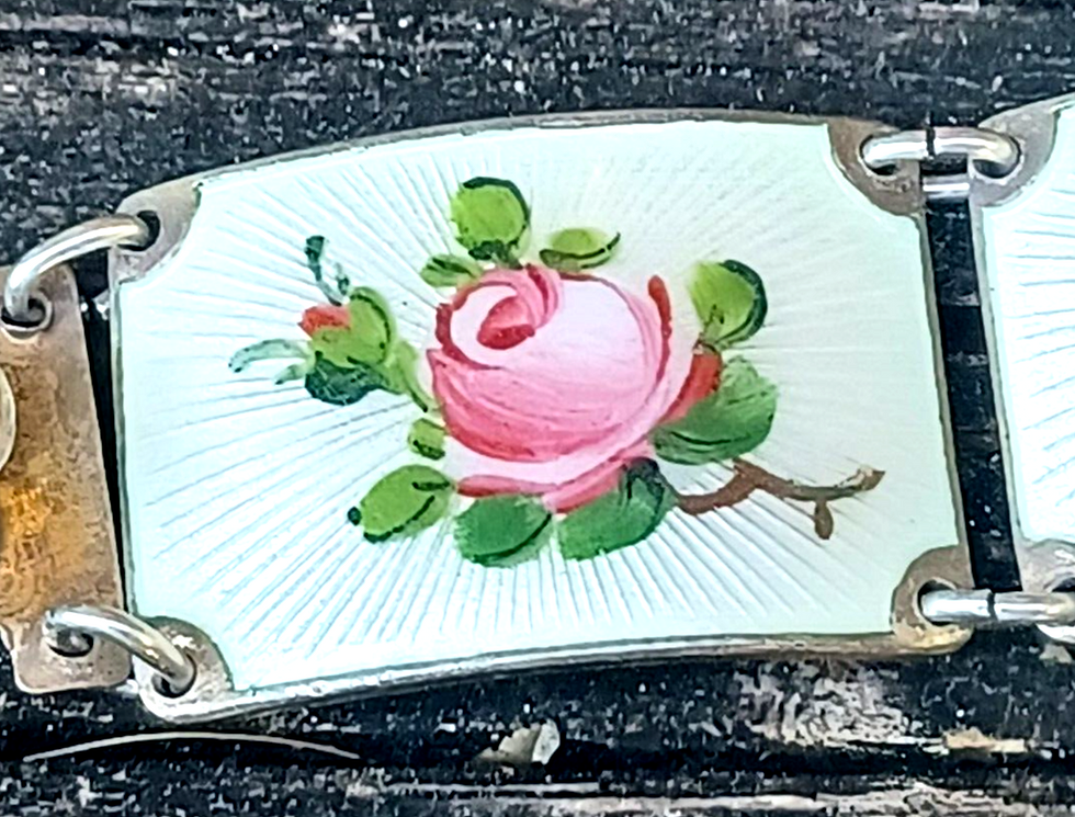 Thumbnail: Vintage Norwegian Sterling Silver Guilloche Enamel Flower Panel Bracelet