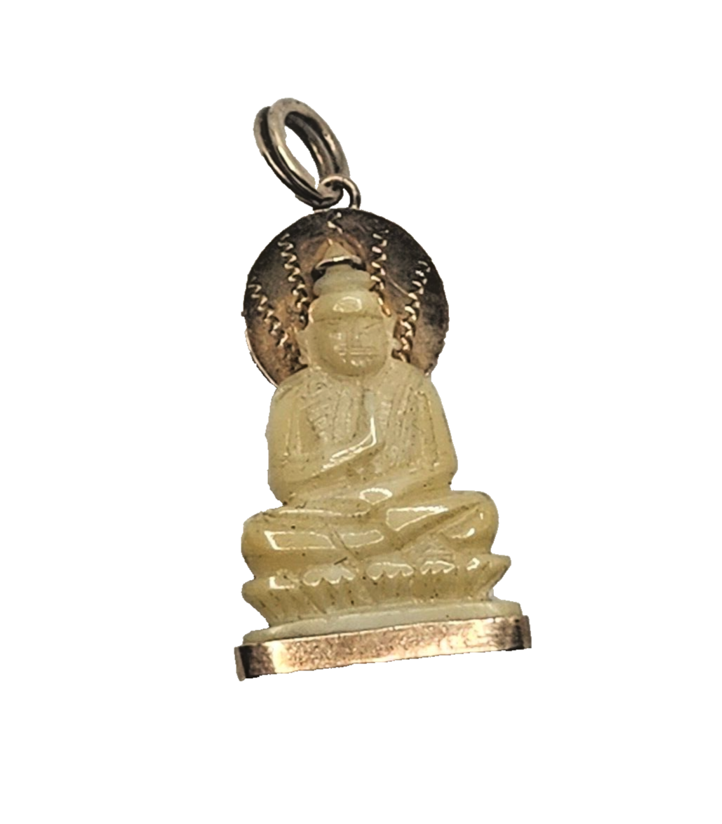 Rare Antique Carved White Jade Meditating Buddha 18k Yellow Gold Pendant