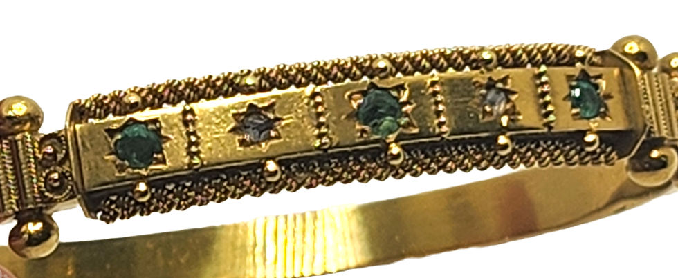 Thumbnail: Antique Victorian Emerald & Diamond 15k Yellow Gold Bangle Bracelet