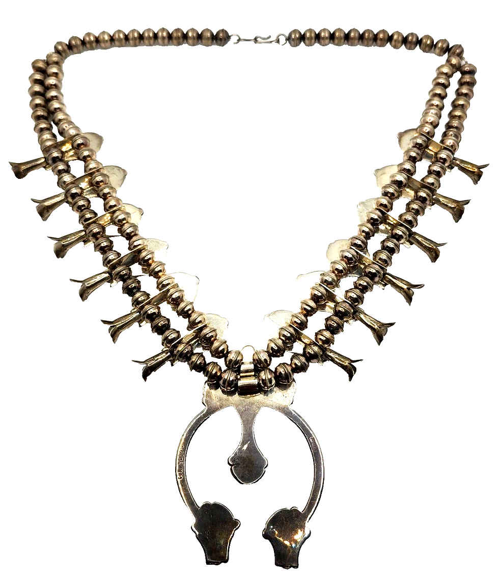 Thumbnail: Native American CM Yazzie Turquoise & Sterling Silver Squash Blossom Necklace