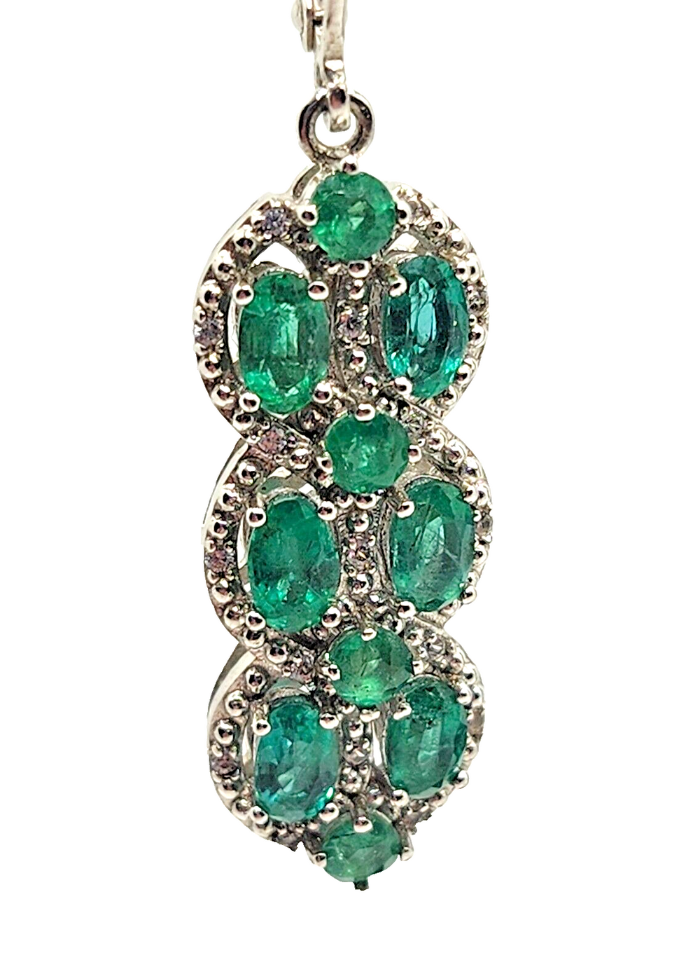 Thumbnail: Natural Emerald & Diamond Dangle Earrings in Sterling Silver