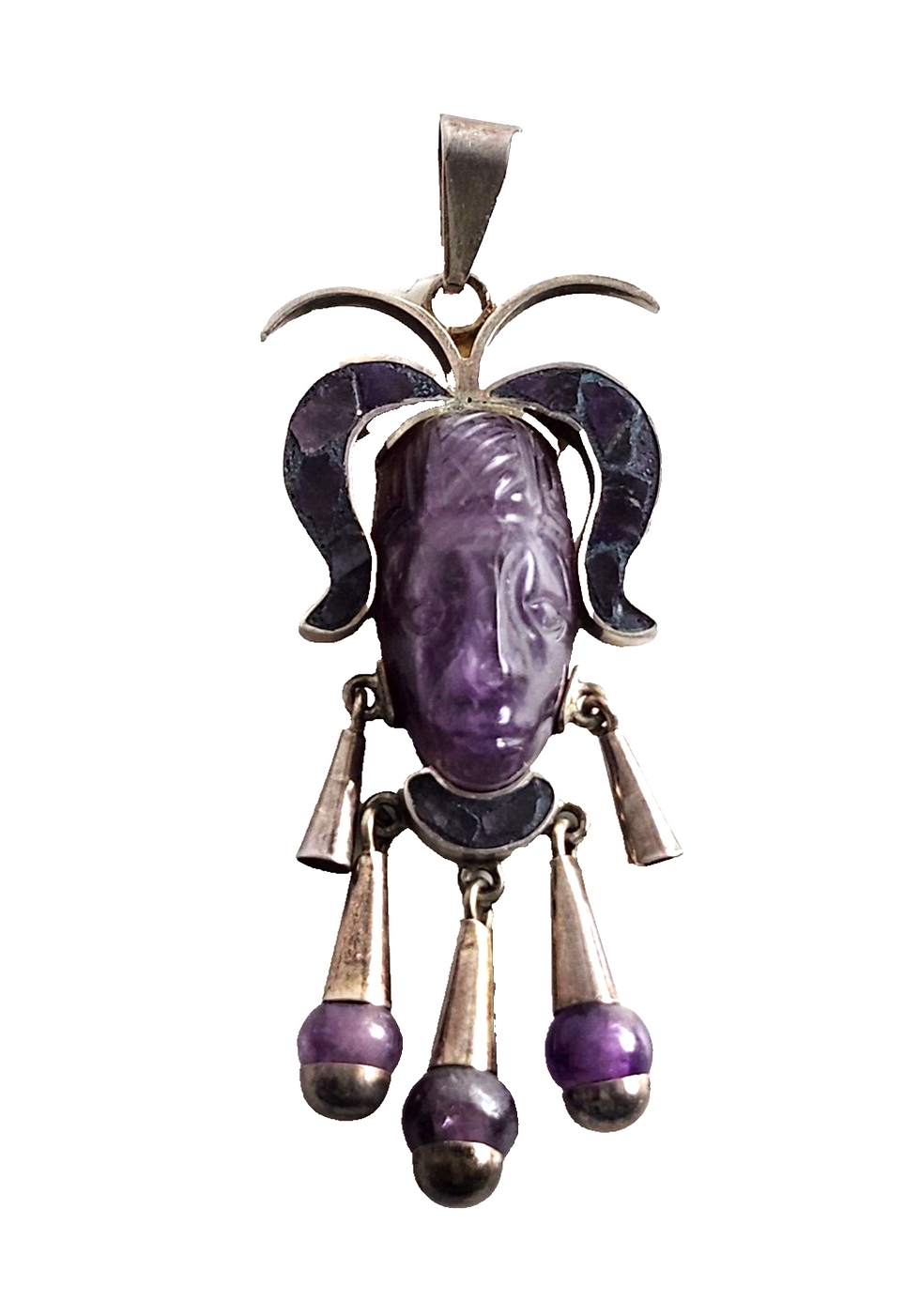 Thumbnail: Taxco Mexico Sterling Silver Amethyst Aztec Mayan Tribal Carved Mask Pendant