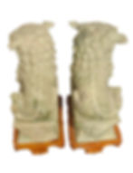 Thumbnail: Large Pair of Vintage Carved Jade Chinese Foo Dogs with Wood Base