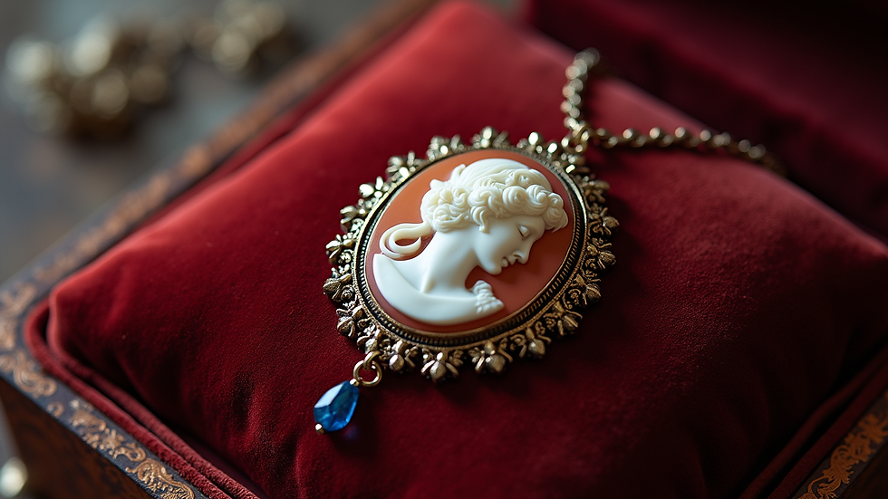 Eye-level view of a Victorian cameo necklace displayed on a vintage velvet cushion
