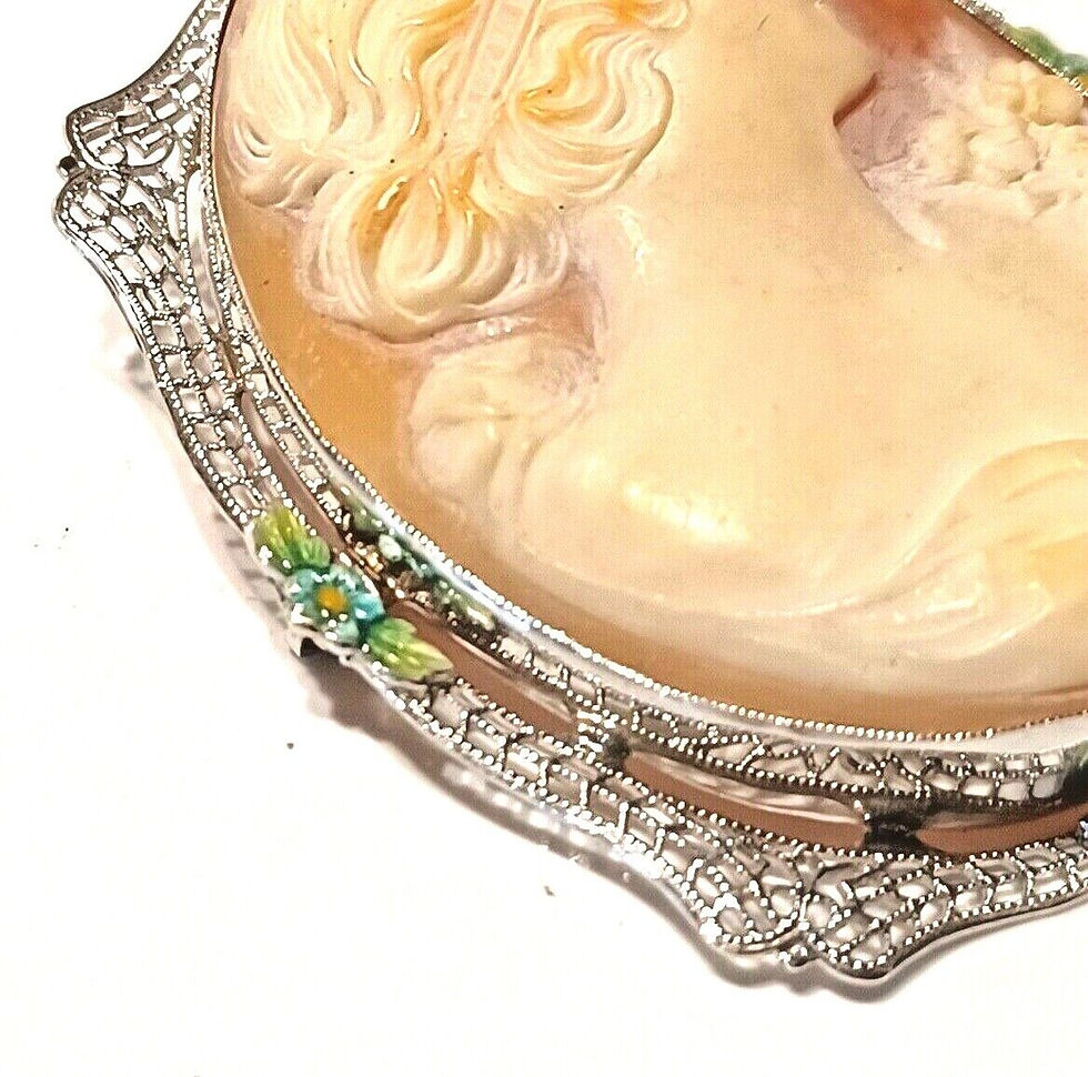 Thumbnail: Antique Victorian Estate 14K White Gold Filigree Shell Cameo Pin Pendant Enamel