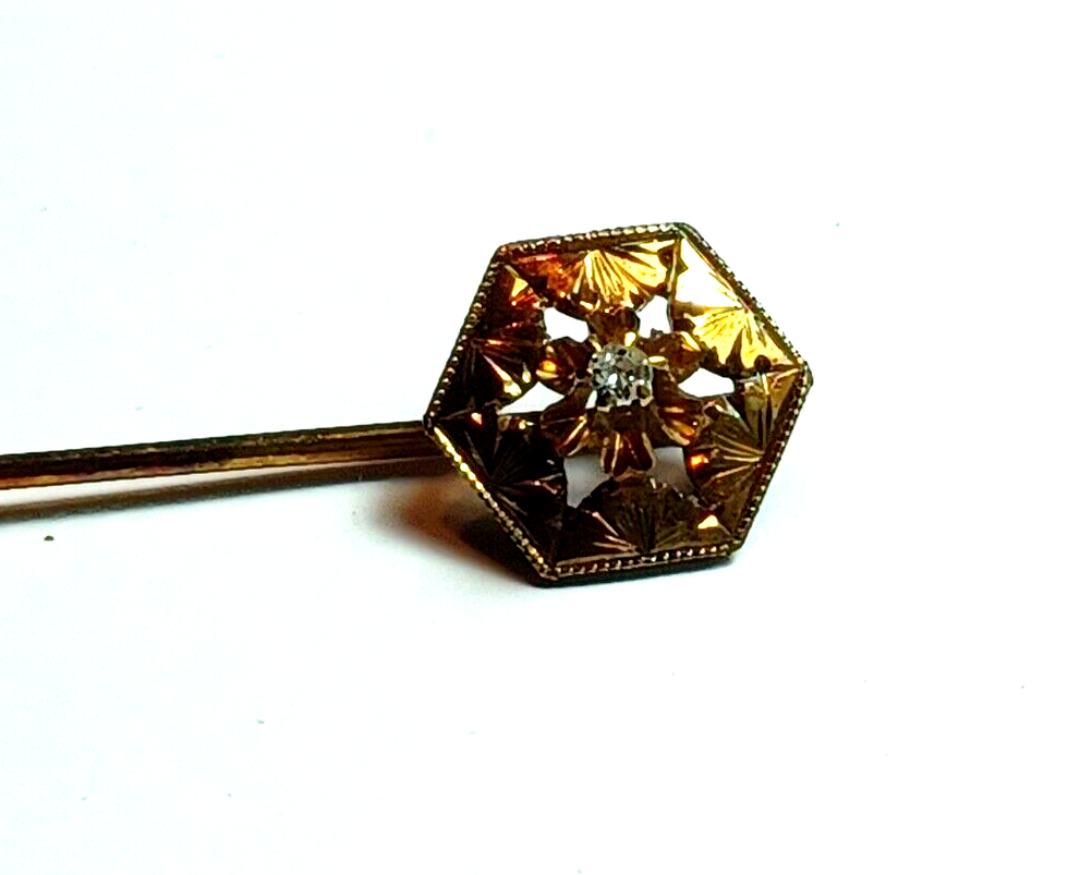 Thumbnail: Antique Buttercup Set Diamond & 14K Rose Gold Octagon Shaped Stick Pin