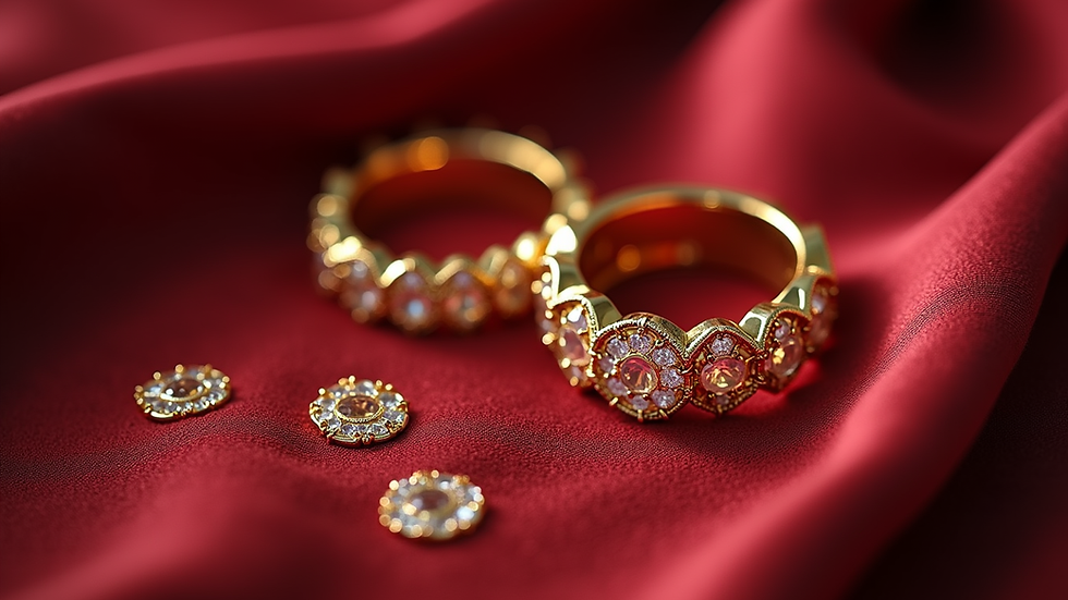 Close-up view of gold jewelry pieces on a velvet cloth