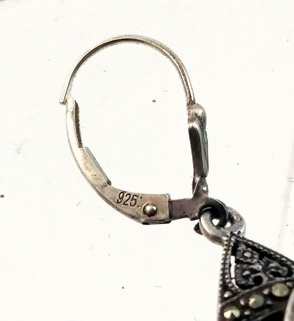 Thumbnail: Vintage Antique Sterling Silver Marcasite & Mother of Pearl Dangle Drop Earrings