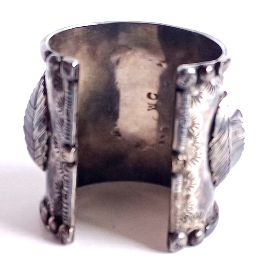 Thumbnail: Lg Native American Green Amber Turq & Coral Sterling Cuff Bracelet Wilford Chee