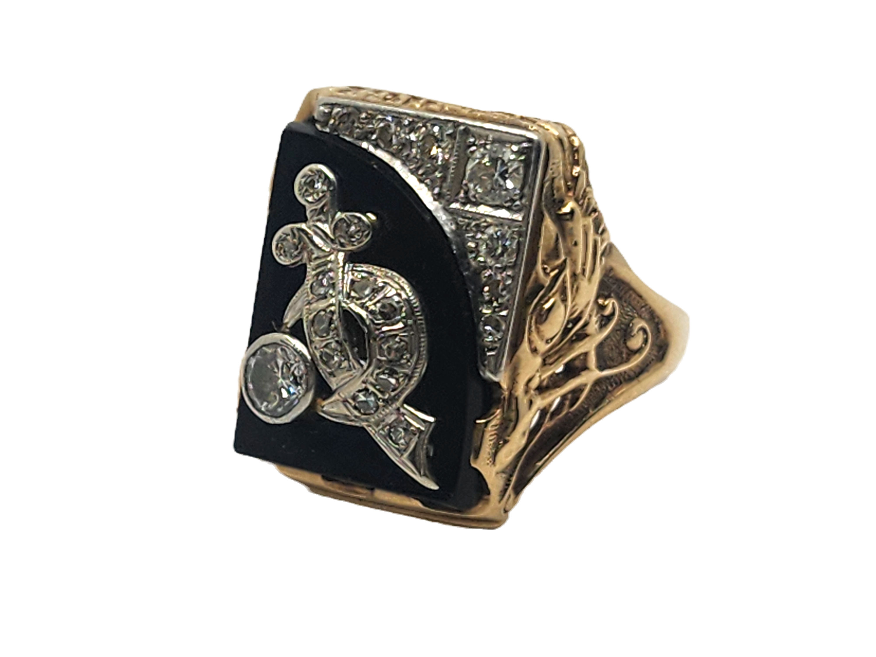 Vintage Men's Shriners Masonic Diamond Onyx & 10k Gold Ring