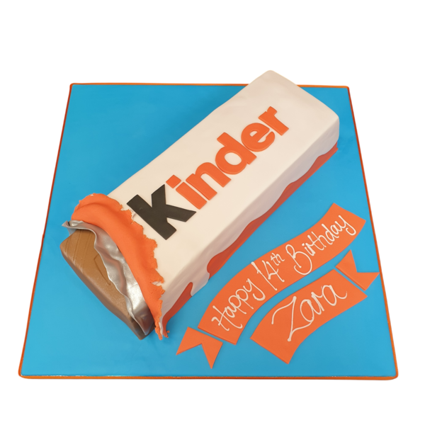 Bespoke Kinder Chocolate Bar cake with detailed chocolate bar design, crafted for celebration in Solihull, West Midlands.