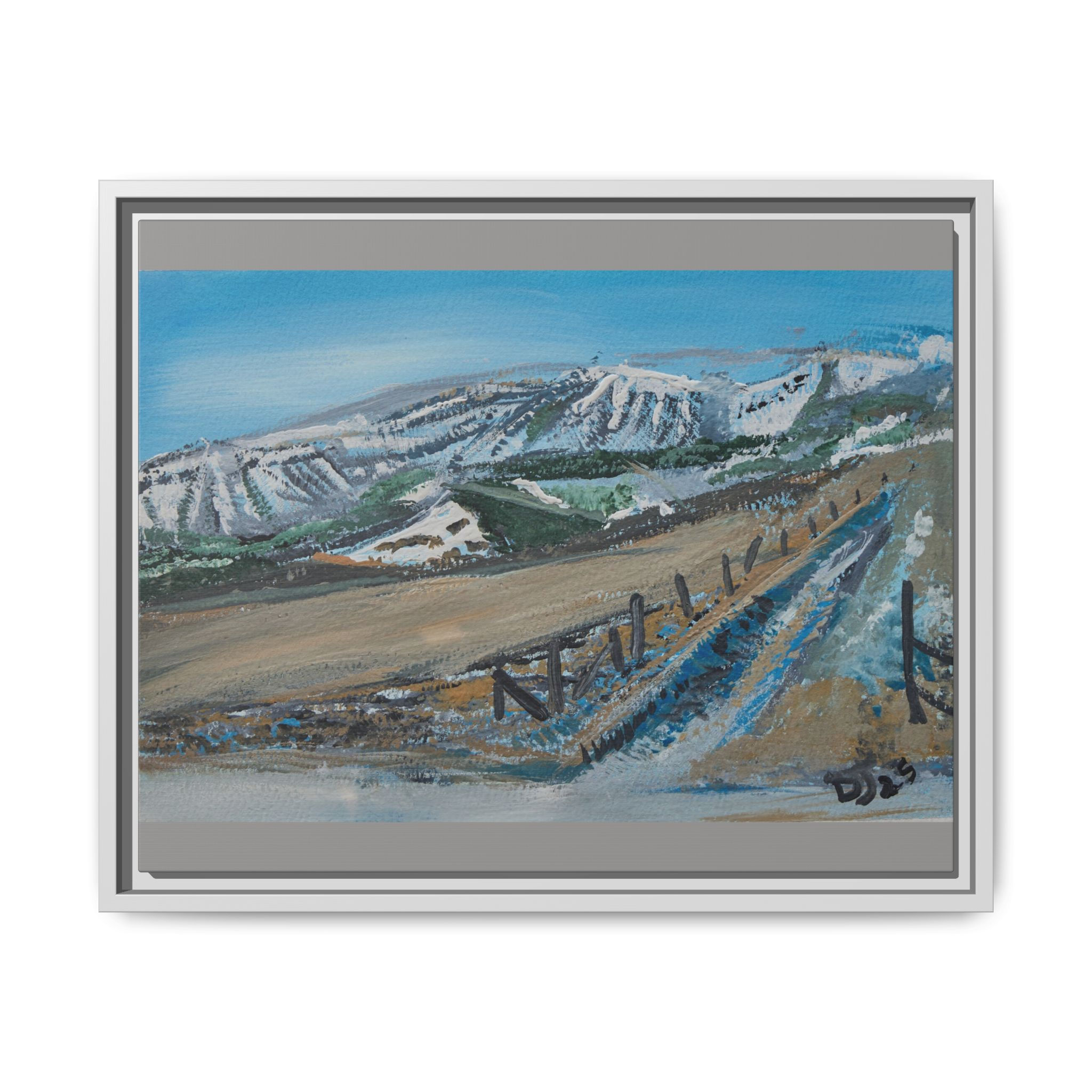 "Snowy Mountain Pass / Winter Hills" - Framed Matte Canvas Wall Art