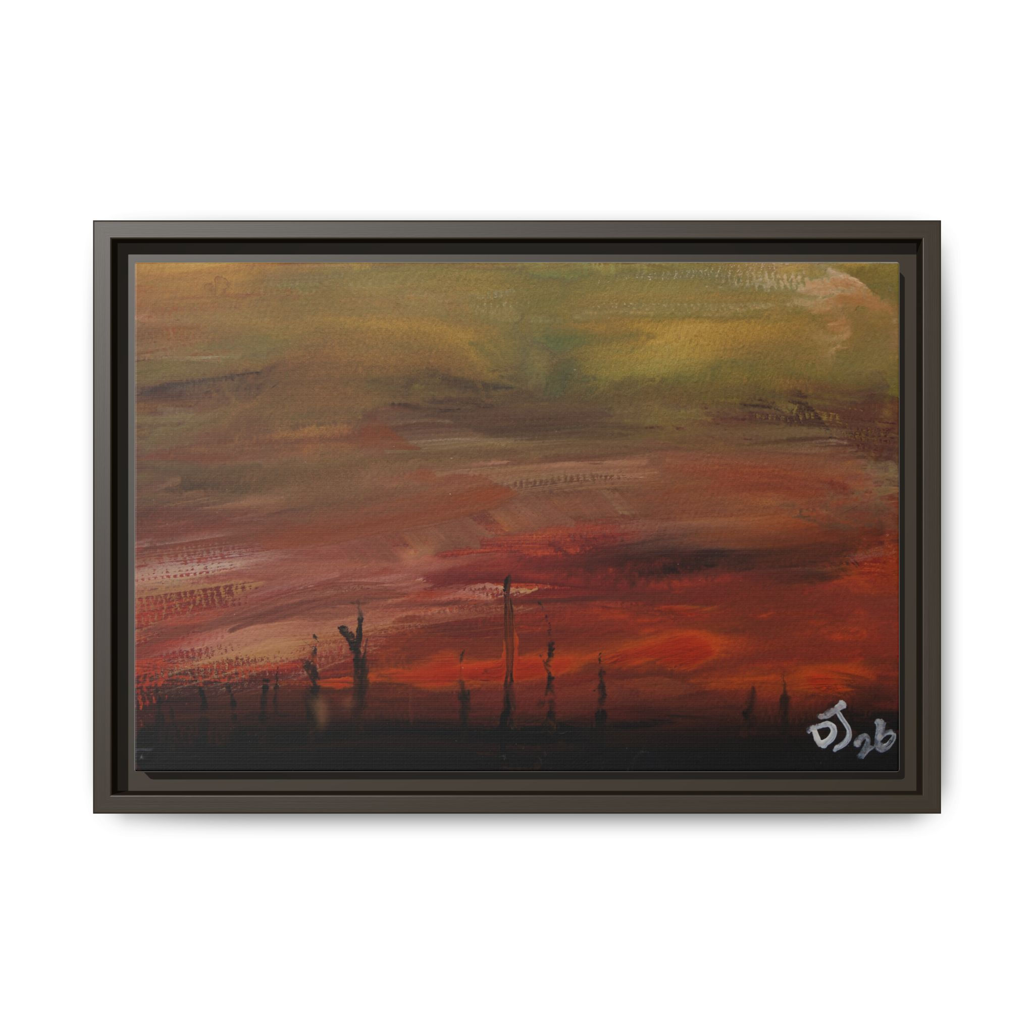 "Fiery Sunset Over Silhouetted Trees" - Framed Matte Canvas Wall Art